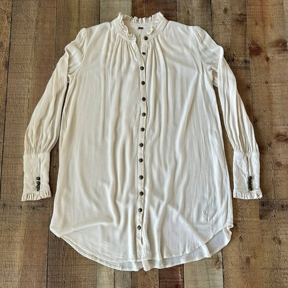 Free People Lieutenant Shirt Dress Button-Up Long Ruching Sleeve Frill Collar - Picture 1 of 11